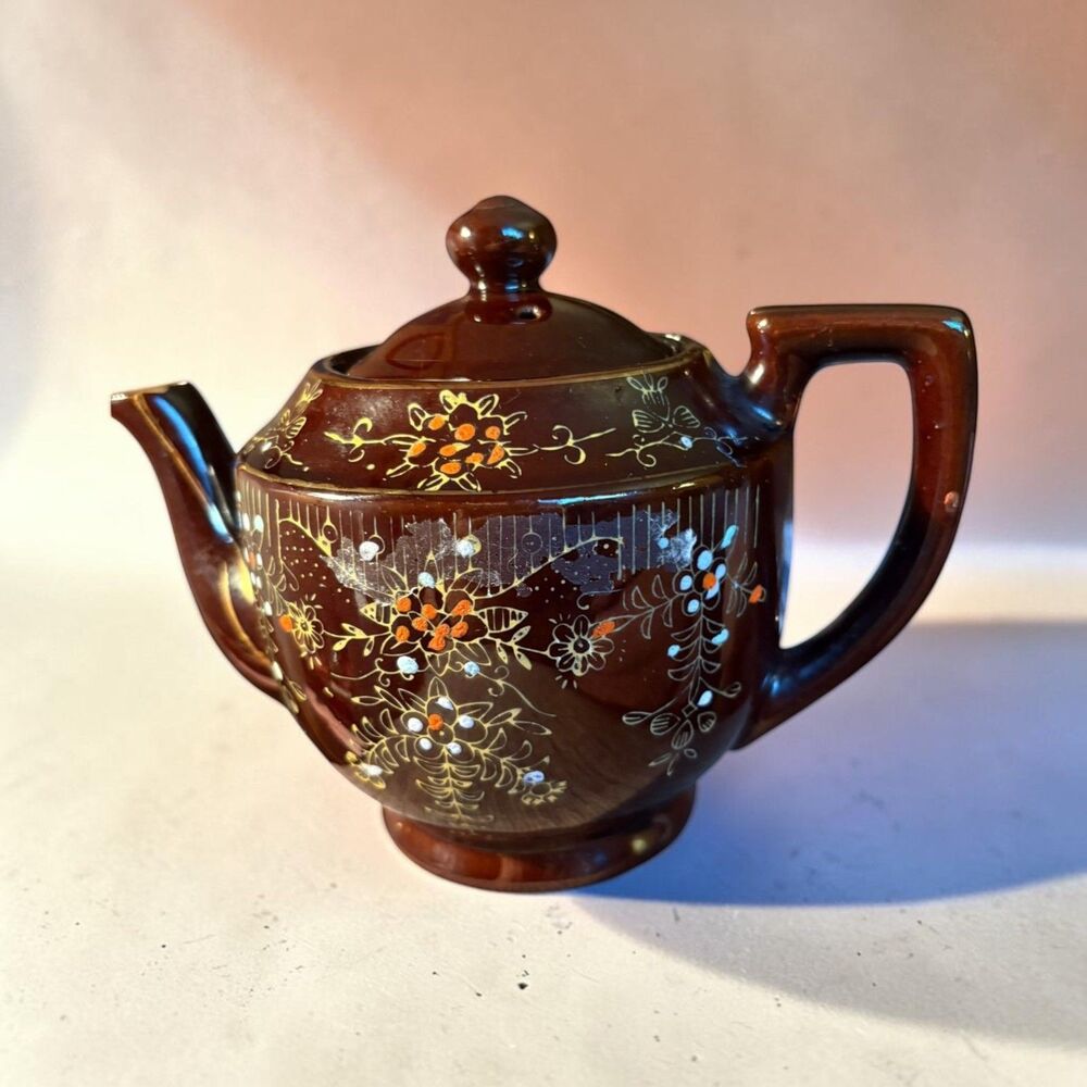 Japan Tea Pot Brown w/Floral Moriage Handpainted 1940s Japanese Brown Betty